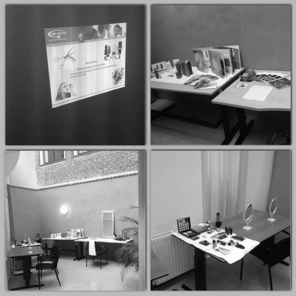 De werktafel voor de workshop persoonlijke presentatie, met spiegels en materialen klaargezet